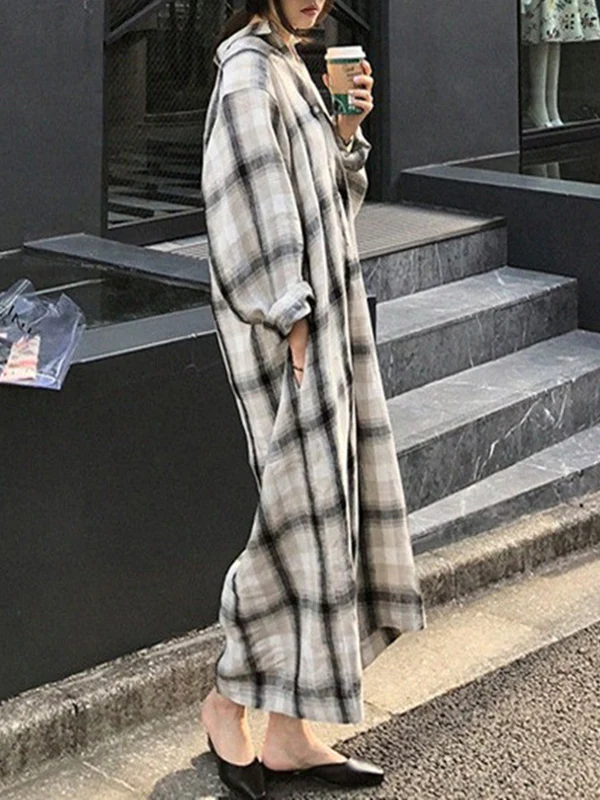 Long Sleeves Loose Plaid Split-Joint Tied Waist Lapel Maxi Dresses Shirt Dress