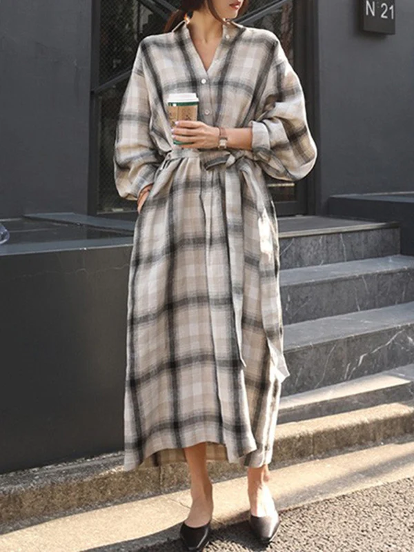 Long Sleeves Loose Plaid Split-Joint Tied Waist Lapel Maxi Dresses Shirt Dress - Image 2