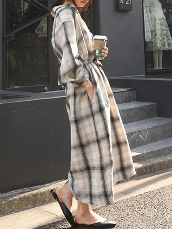 Long Sleeves Loose Plaid Split-Joint Tied Waist Lapel Maxi Dresses Shirt Dress - Image 3