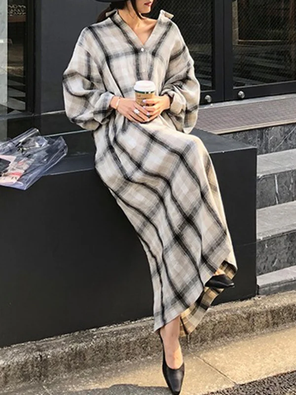 Long Sleeves Loose Plaid Split-Joint Tied Waist Lapel Maxi Dresses Shirt Dress - Image 4