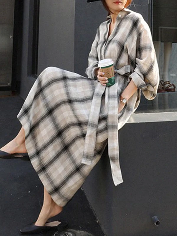Long Sleeves Loose Plaid Split-Joint Tied Waist Lapel Maxi Dresses Shirt Dress - Image 5