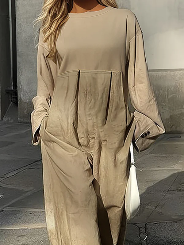 Long Sleeves Loose Pleated Pockets Split-Joint Round-Neck Jumpsuits - Image 2