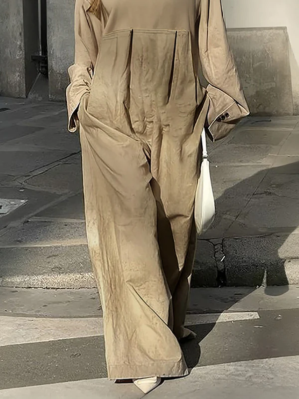 Long Sleeves Loose Pleated Pockets Split-Joint Round-Neck Jumpsuits - Image 3