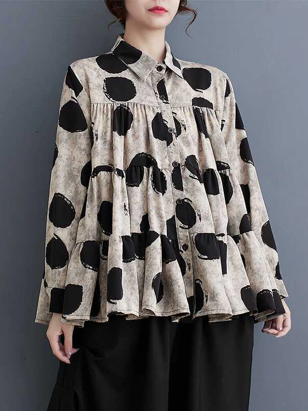 Long Sleeves Loose Pleated Polka-Dot Split-Joint Lapel Blouses - Image 2