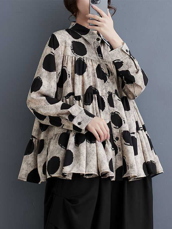 Long Sleeves Loose Pleated Polka-Dot Split-Joint Lapel Blouses - Image 3