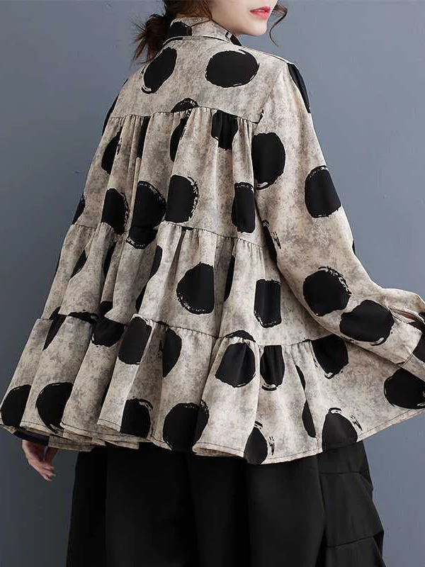Long Sleeves Loose Pleated Polka-Dot Split-Joint Lapel Blouses - Image 4