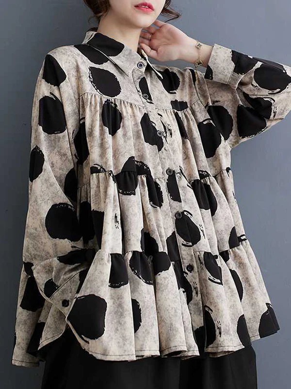 Long Sleeves Loose Pleated Polka-Dot Split-Joint Lapel Blouses - Image 5