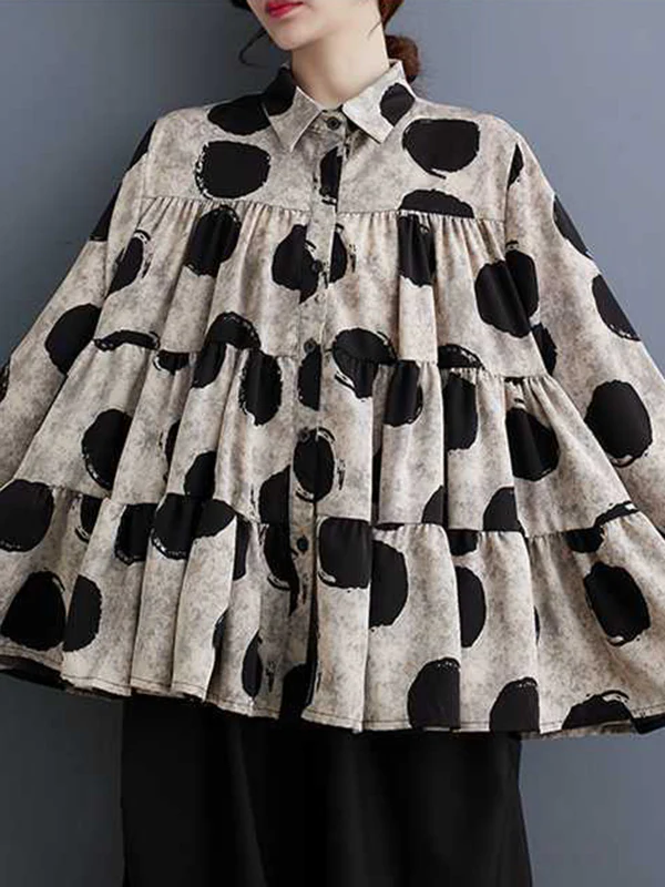 Long Sleeves Loose Pleated Polka-Dot Split-Joint Lapel Blouses - Image 6