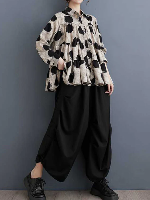 Long Sleeves Loose Pleated Polka-Dot Split-Joint Lapel Blouses - Image 7
