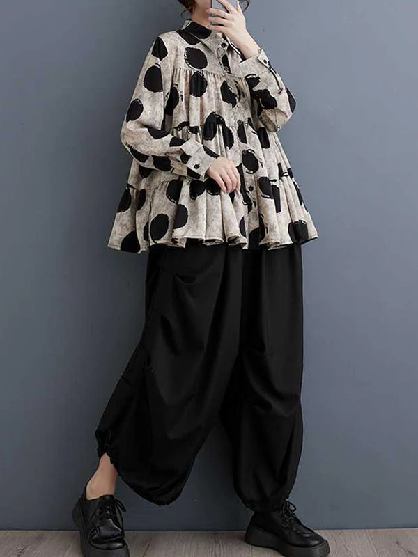Long Sleeves Loose Pleated Polka-Dot Split-Joint Lapel Blouses - Image 8