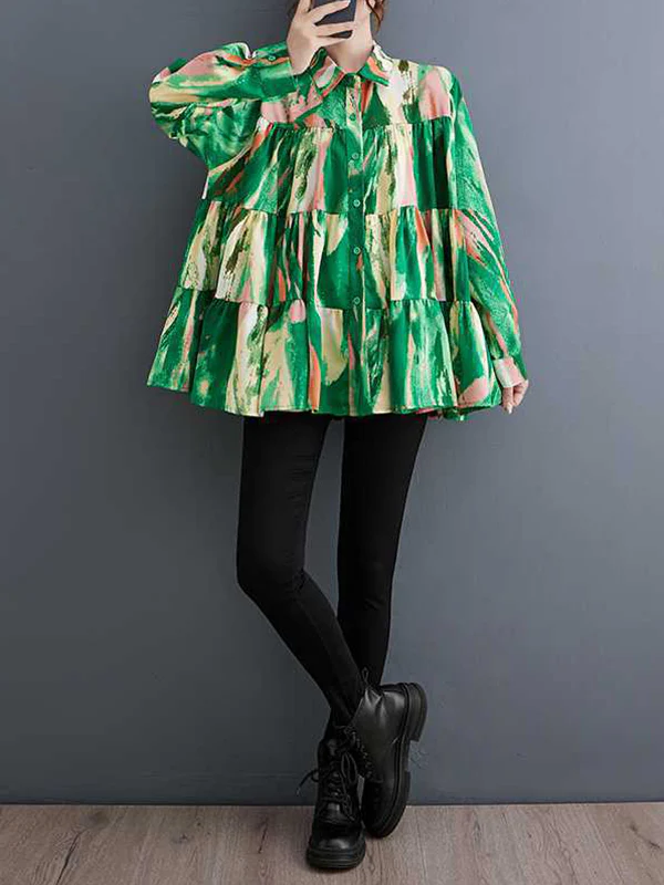 Long Sleeves Loose Pleated Printed Split-Joint Lapel Blouses - Image 10