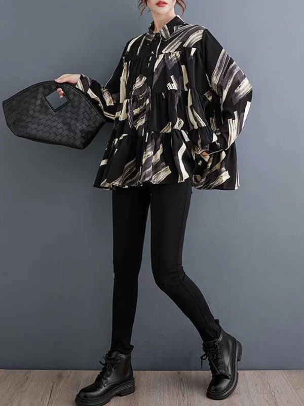 Long Sleeves Loose Pleated Printed Split-Joint Lapel Blouses - Image 11