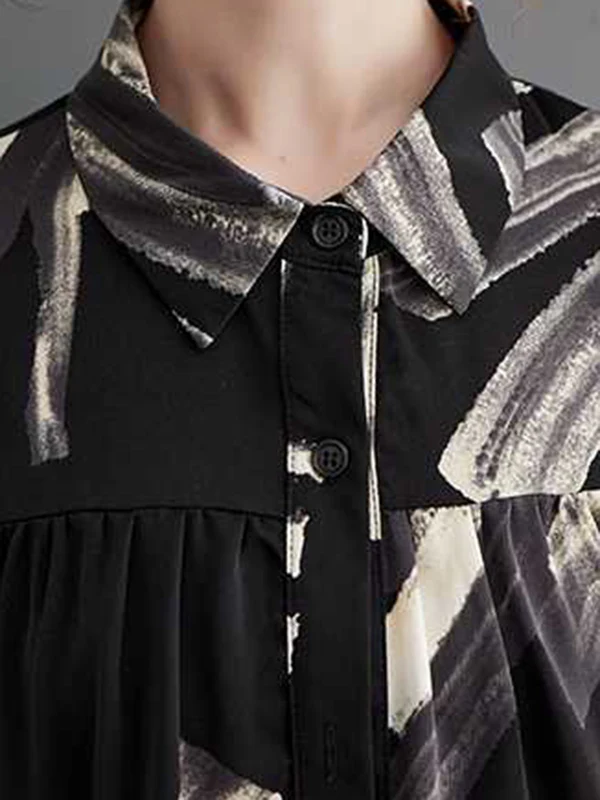Long Sleeves Loose Pleated Printed Split-Joint Lapel Blouses - Image 12
