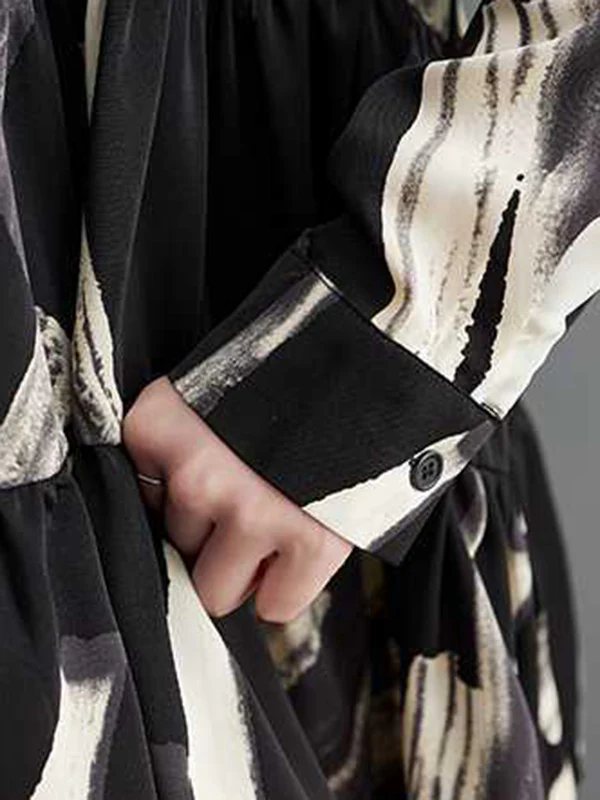 Long Sleeves Loose Pleated Printed Split-Joint Lapel Blouses - Image 13