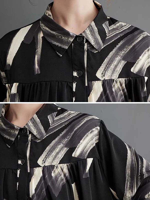 Long Sleeves Loose Pleated Printed Split-Joint Lapel Blouses - Image 15