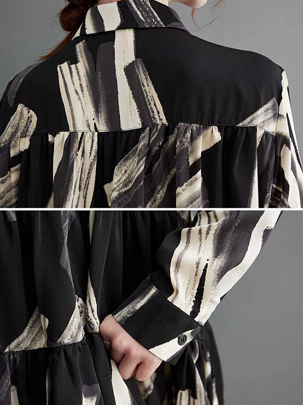 Long Sleeves Loose Pleated Printed Split-Joint Lapel Blouses - Image 16