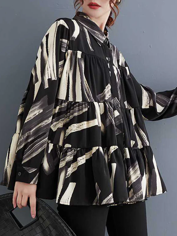 Long Sleeves Loose Pleated Printed Split-Joint Lapel Blouses - Image 2