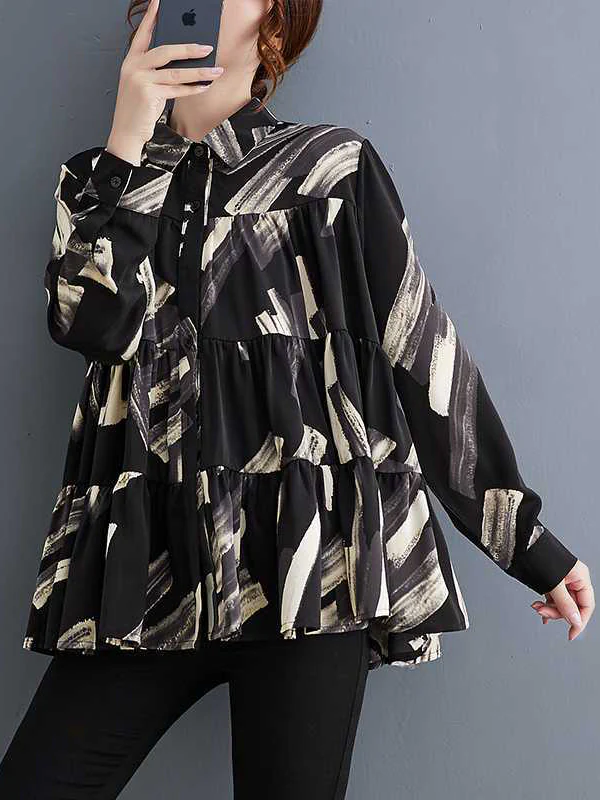 Long Sleeves Loose Pleated Printed Split-Joint Lapel Blouses - Image 3