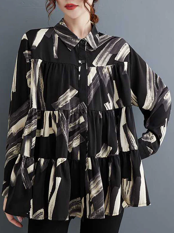 Long Sleeves Loose Pleated Printed Split-Joint Lapel Blouses - Image 4