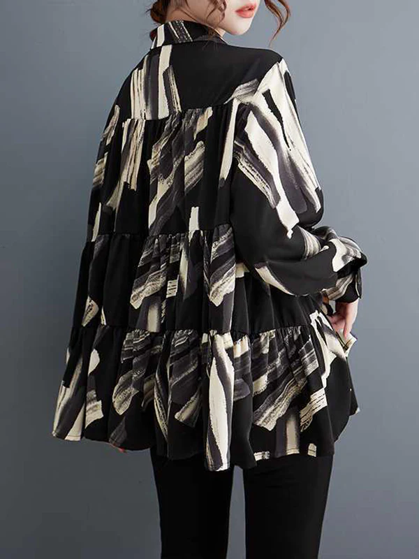Long Sleeves Loose Pleated Printed Split-Joint Lapel Blouses - Image 5