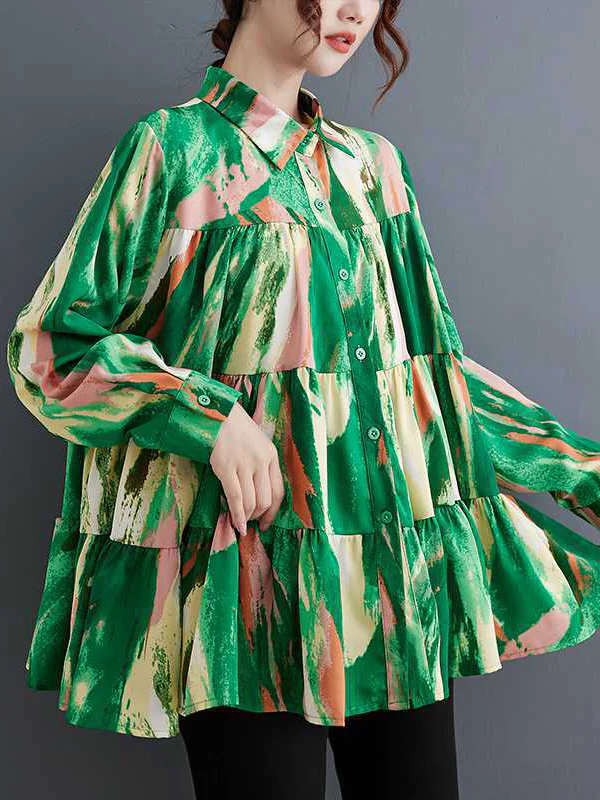 Long Sleeves Loose Pleated Printed Split-Joint Lapel Blouses - Image 6