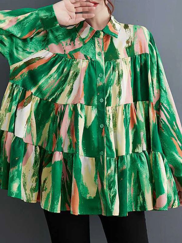 Long Sleeves Loose Pleated Printed Split-Joint Lapel Blouses - Image 7