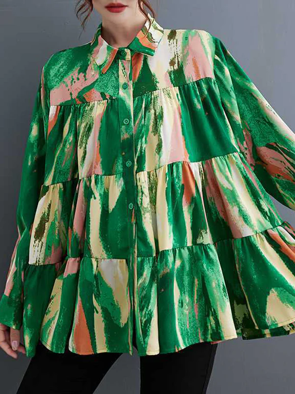 Long Sleeves Loose Pleated Printed Split-Joint Lapel Blouses - Image 8