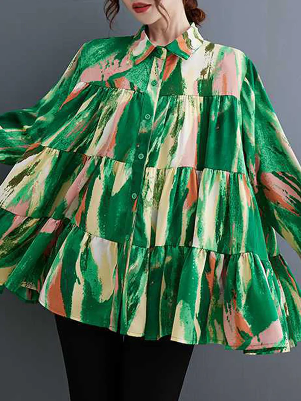 Long Sleeves Loose Pleated Printed Split-Joint Lapel Blouses - Image 9
