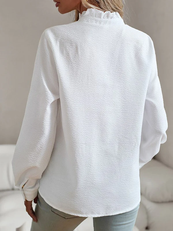 Long Sleeves Loose Pleated Ruffled See-Through Solid Color Split-Joint Stand Collar Blouses&Shirts Tops - Image 4