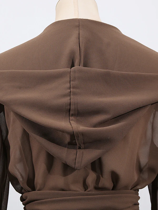 Long Sleeves Loose Pleated See-Through Solid Color Tied Waist Hooded Blouses&Shirts Tops - Image 11