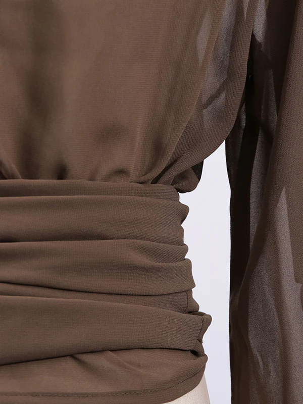 Long Sleeves Loose Pleated See-Through Solid Color Tied Waist Hooded Blouses&Shirts Tops - Image 12