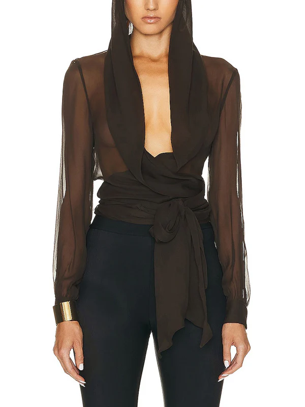 Long Sleeves Loose Pleated See-Through Solid Color Tied Waist Hooded Blouses&Shirts Tops - Image 2