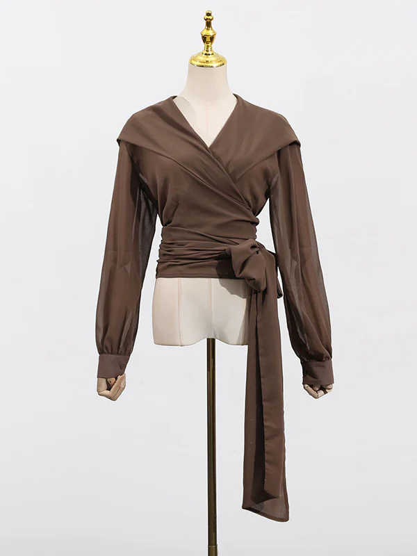 Long Sleeves Loose Pleated See-Through Solid Color Tied Waist Hooded Blouses&Shirts Tops - Image 3