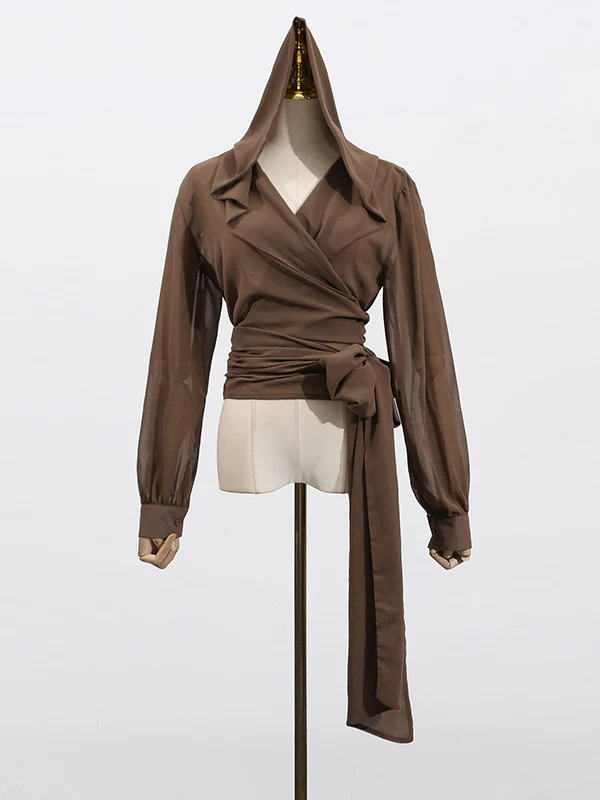 Long Sleeves Loose Pleated See-Through Solid Color Tied Waist Hooded Blouses&Shirts Tops - Image 4