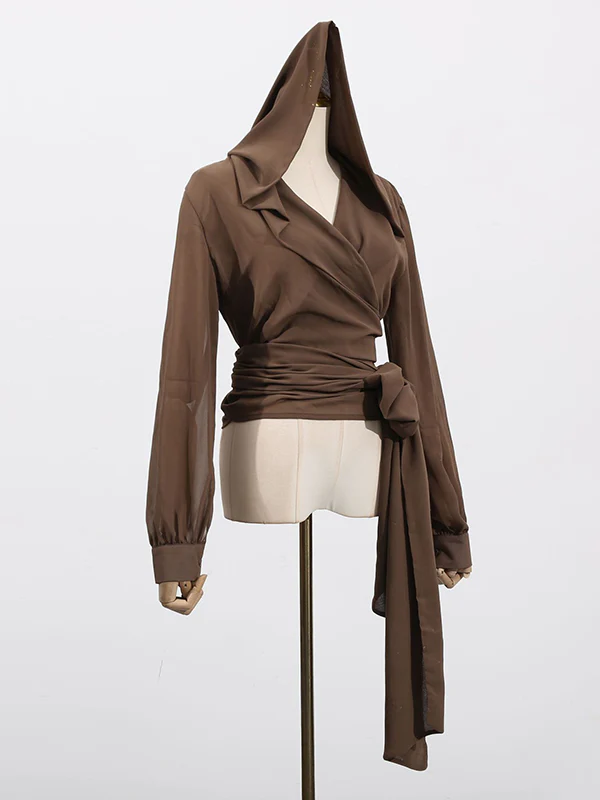 Long Sleeves Loose Pleated See-Through Solid Color Tied Waist Hooded Blouses&Shirts Tops - Image 5