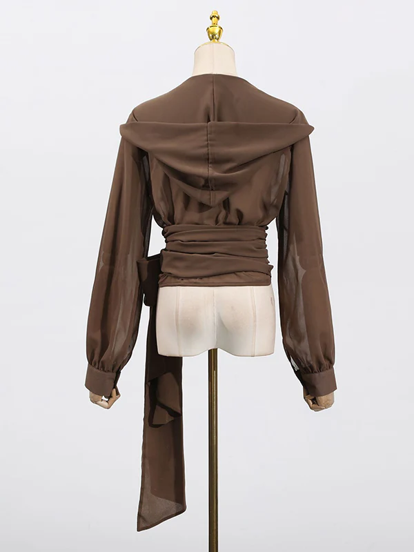 Long Sleeves Loose Pleated See-Through Solid Color Tied Waist Hooded Blouses&Shirts Tops - Image 6