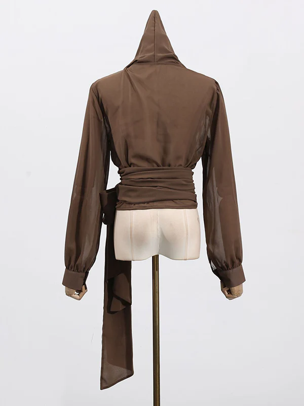 Long Sleeves Loose Pleated See-Through Solid Color Tied Waist Hooded Blouses&Shirts Tops - Image 7