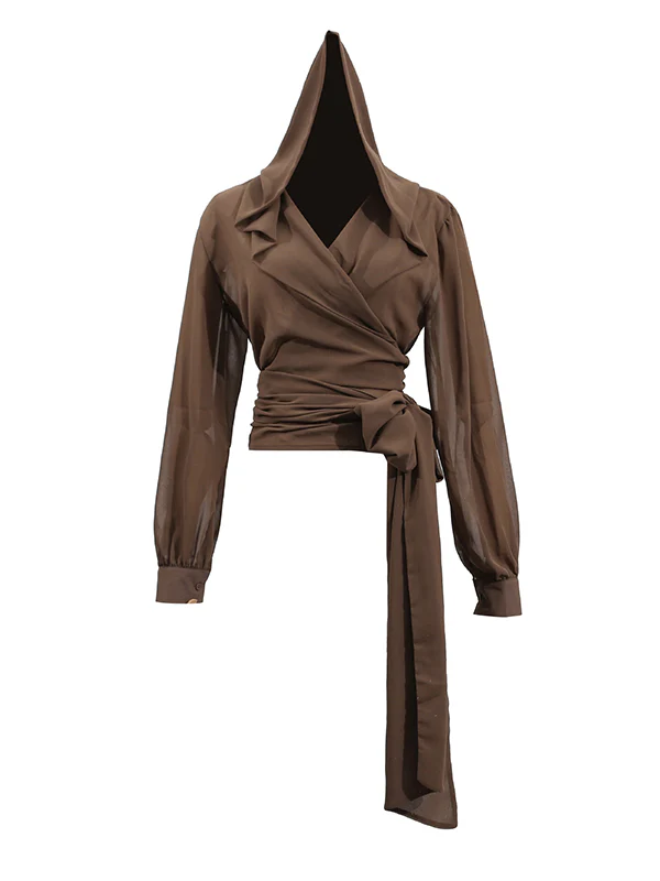 Long Sleeves Loose Pleated See-Through Solid Color Tied Waist Hooded Blouses&Shirts Tops - Image 8