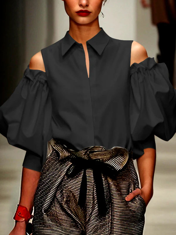 Long Sleeves Loose Pleated Solid Color Cold Shoulder Blouses&Shirts Tops - Image 3