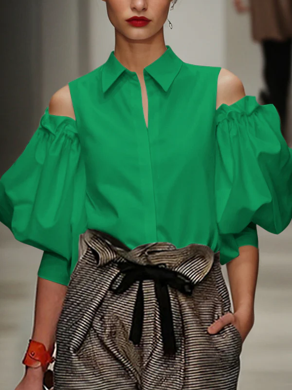 Long Sleeves Loose Pleated Solid Color Cold Shoulder Blouses&Shirts Tops - Image 4