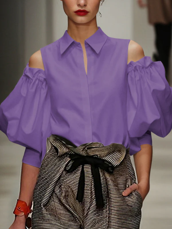 Long Sleeves Loose Pleated Solid Color Cold Shoulder Blouses&Shirts Tops - Image 5