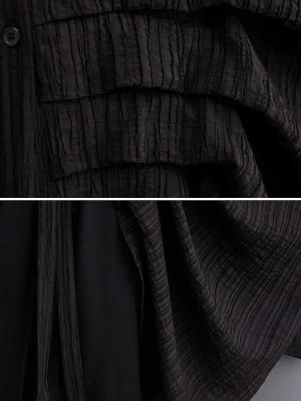 Long Sleeves Loose Pleated Solid Color Lapel Blouses&Shirts Tops - Image 11