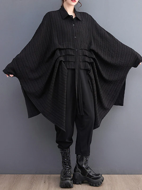 Long Sleeves Loose Pleated Solid Color Lapel Blouses&Shirts Tops - Image 2