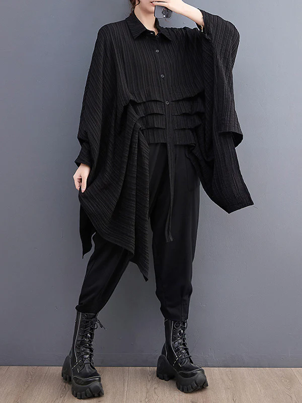 Long Sleeves Loose Pleated Solid Color Lapel Blouses&Shirts Tops - Image 3