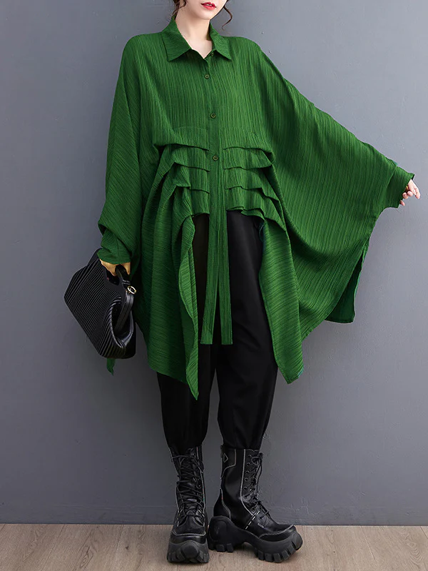 Long Sleeves Loose Pleated Solid Color Lapel Blouses&Shirts Tops - Image 4