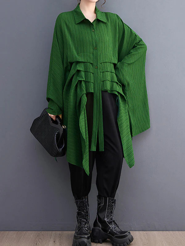 Long Sleeves Loose Pleated Solid Color Lapel Blouses&Shirts Tops - Image 5