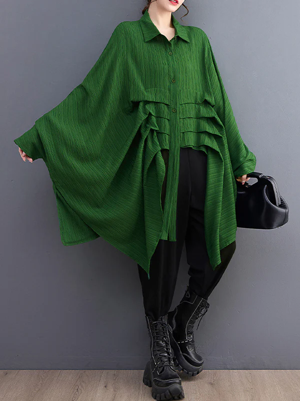 Long Sleeves Loose Pleated Solid Color Lapel Blouses&Shirts Tops - Image 6