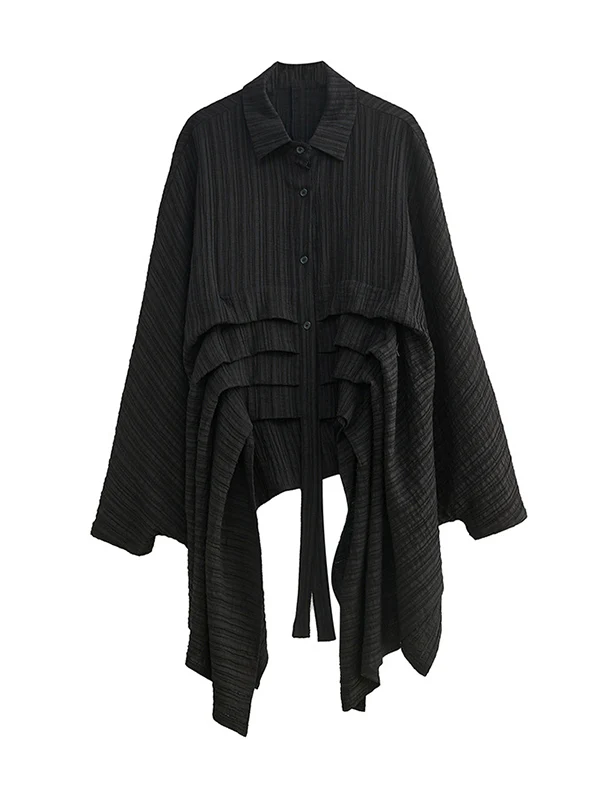 Long Sleeves Loose Pleated Solid Color Lapel Blouses&Shirts Tops - Image 8