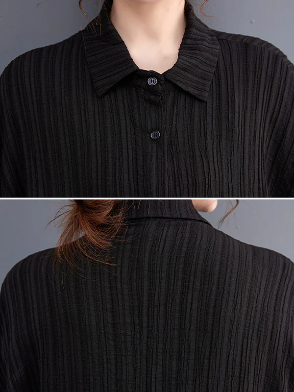 Long Sleeves Loose Pleated Solid Color Lapel Blouses&Shirts Tops - Image 9