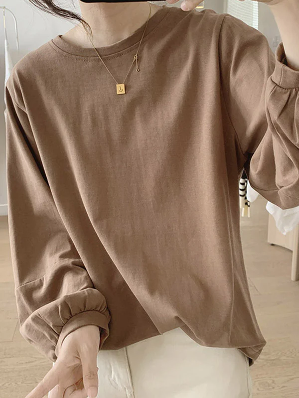 Long Sleeves Loose Pleated Solid Color Round-Neck T-Shirts Tops - Image 10
